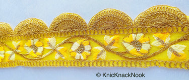 Green / Yellow / Orange And Gold Embroidered Fabric Trim With Floral Embroidery, Scallop Trim, Approx. 65mm Wide - 210119L174 / 75 / 76